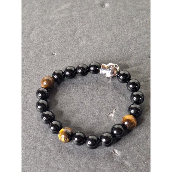 Tiger Eye Black Onyx Stone Skull & Hematite Lion Head Stretch Bracelets(2) - Picture 11 of 12